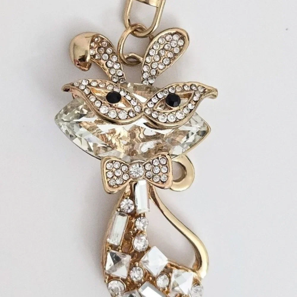 Cat with Glasses Gold & Rhinestone Whimsical Keychain /‎ Purse Charm